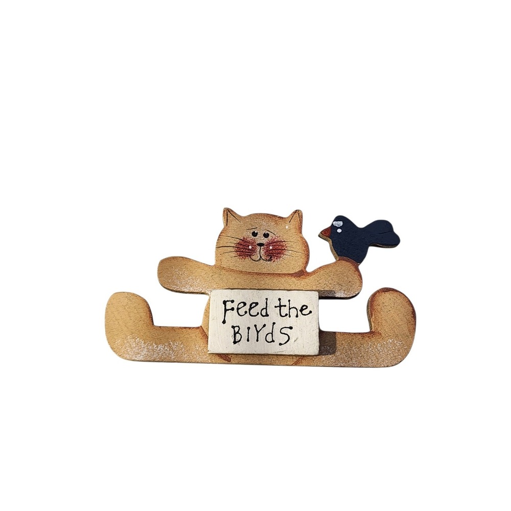 Vintage Wooden Handmade 'Feed The Birds' Kitty Cat & Bird Brooch Pin